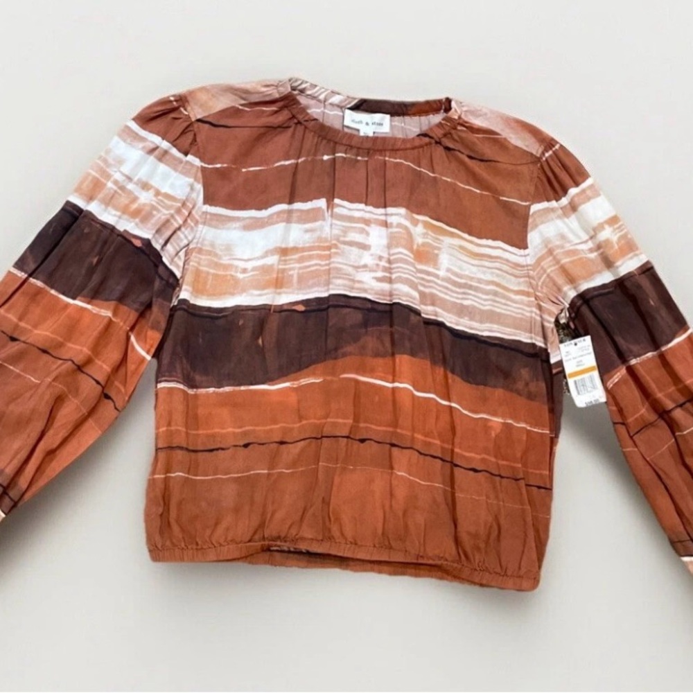 Cloth And Stone Blouse Rust Brown Stripes Long Sleeve Rayon Light Weight NEW M